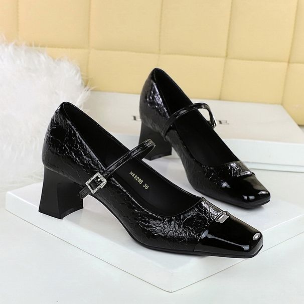 Women's shoes diamond-in-line with square head chunky mid-heel leather color patchwork single shoes_vogvips.com