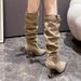 Women's Pointed Toe High Heel Knee High Boots With Belt Buckle Wrinkle Detail Stretch Slim Fit Stacked Boots Stretch Fleece Slimming Boots_vogvips.com