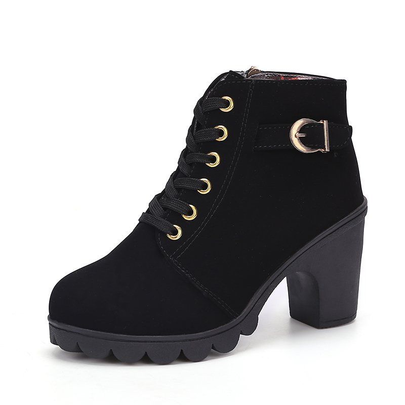 Mid-Heel Single With Belt Buckle For Women 2024 Autumn Thick Heel Short Round Toe Martin Lace-Up Ankle Riding Boots_vogvips.com