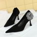 H L French Pointed Shallow High Heeled Shoes With Fine Heels Suede Rhinestones Side Flowers Single_vogvips.com