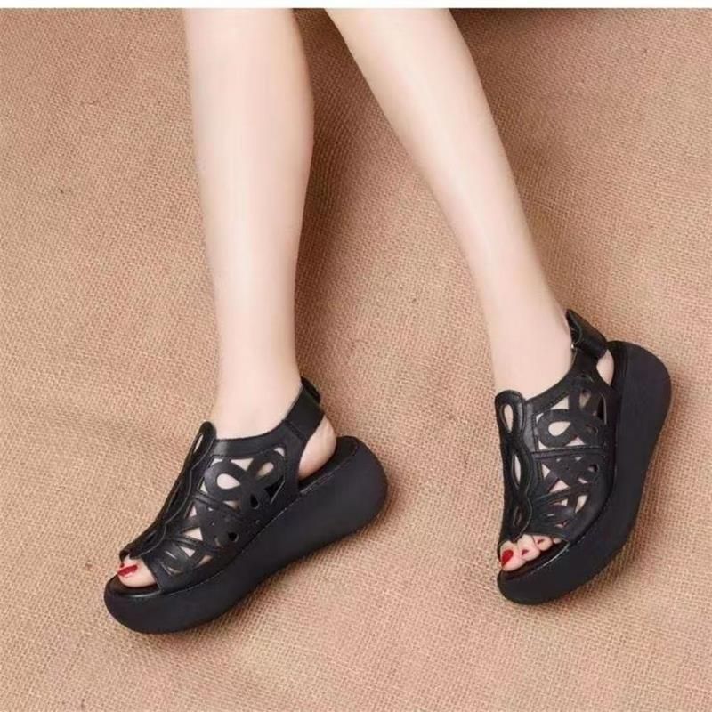 Hollow Sandals Women's Platform Muffin Mother Fish Mouth Shoes Wedge Heel Ethnic Style Old Women's Shoes_vogvips.com