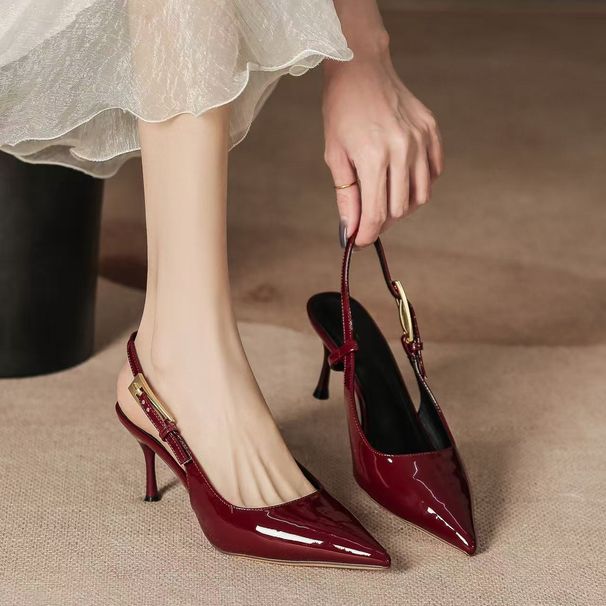 Women's High-heeled Shoes 2026 New Model, Metallic Stiletto Heel, Pointed Toe, Strap Design, Sexy Red Patent Leather_vogvips.com