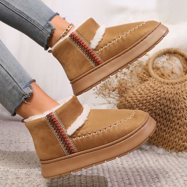 Cozy Ethnic Style Slip-On Snow Boots - Soft Suede Upper With Plush Fleece Lining - Warm Winter Indoor Outdoor House Shoes With Flat Sole_vogvips.com