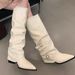 Women's Pointed Toe Buckle Pleated Slouch Boots Punk Style Mid Heel High Top Pants Boots Spring Autumn Hot Girl Riding Boots_vogvips.com