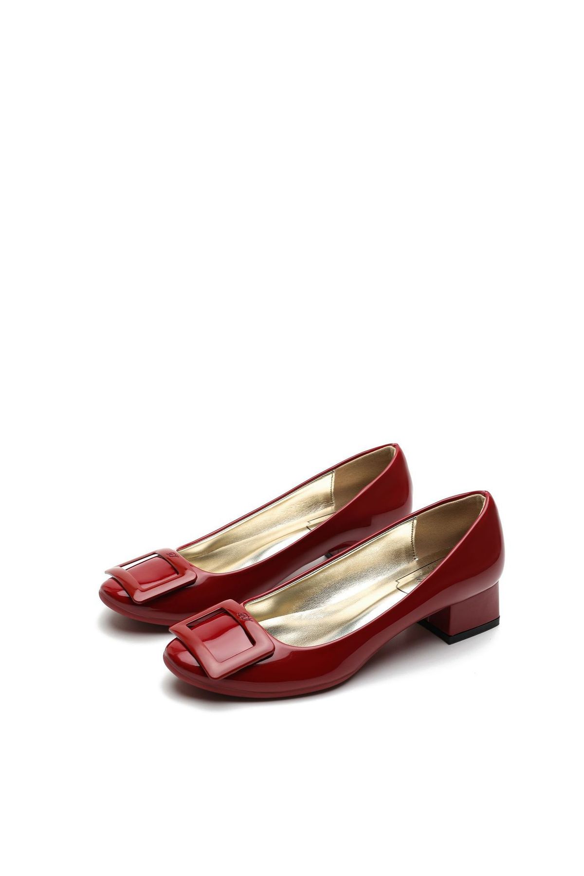 Women's French Classic Red Shoes Square Buckle Chunky Heel Shallow Mouth Round Toe Design Comfortable For Weddings_vogvips.com