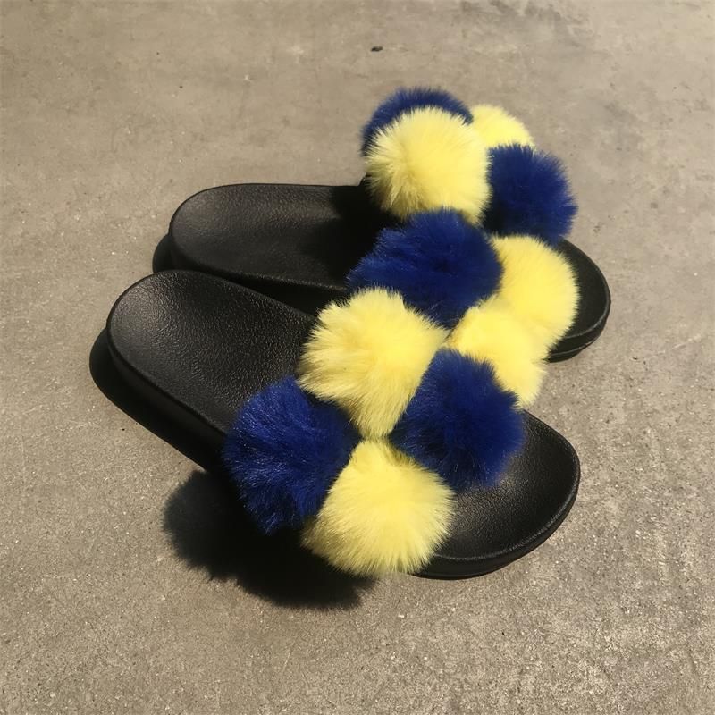 Women’s Shoes Color Matching Fur Ball Slippers O Wear Outside Arge Size Flat Bottom Fur Slippers_vogvips.com