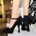 8322-H100M European And American Suede Ultra-high Heel Platform Shallow Mouth One-strap Buckle With Pearl Bow Women's_vogvips.com