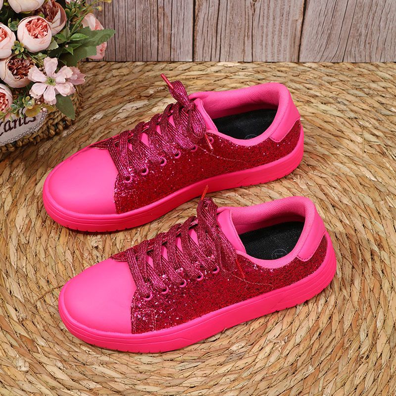 Spring And Autumn Casual Thick Soled Sneakers New Shiny Fashionable Women's Low Top Lace Up Flat Couple Trendy Shoes_vogvips.com