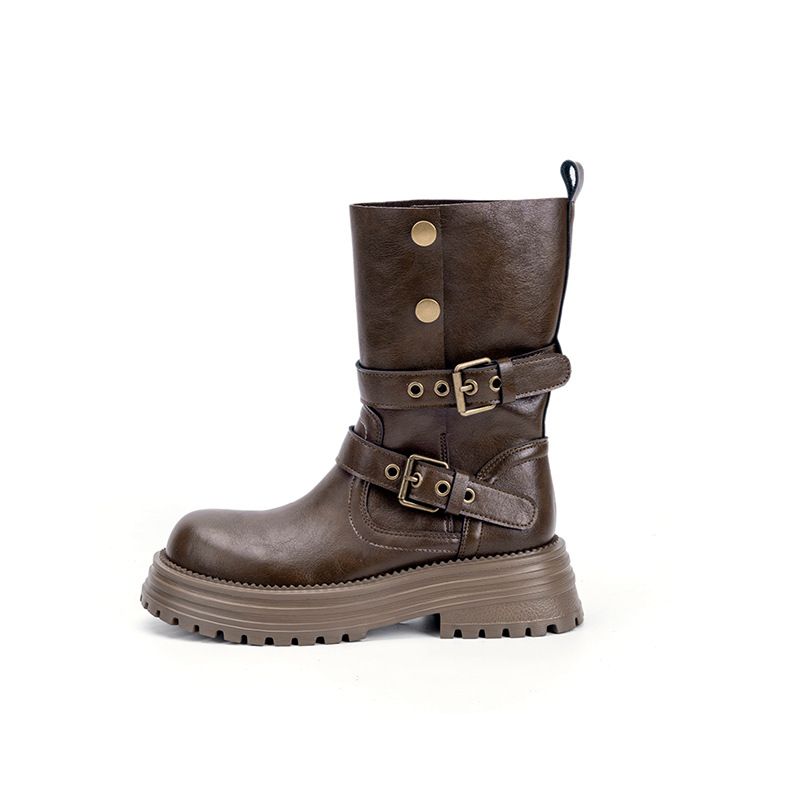 Women's Shoes New Autumn And Winter British Style Martin Boots, Thick Soled Retro Merard Brown Mid Calf Boots, Two Way Height Increasing Short Boots._vogvips.com