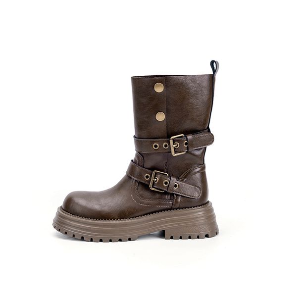 Women's Shoes New Autumn And Winter British Style Martin Boots, Thick Soled Retro Merard Brown Mid Calf Boots, Two Way Height Increasing Short Boots._vogvips.com