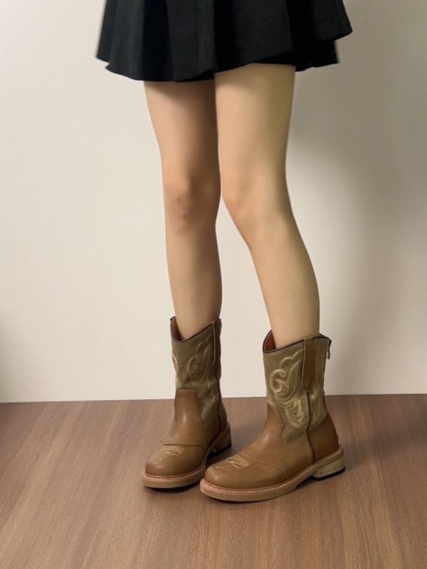British Embroidery V-Cut Martin For Women, Brown Chunky Heel Internet Celebrity Knight Short Boots, Western Cowboy Boots_vogvips.com