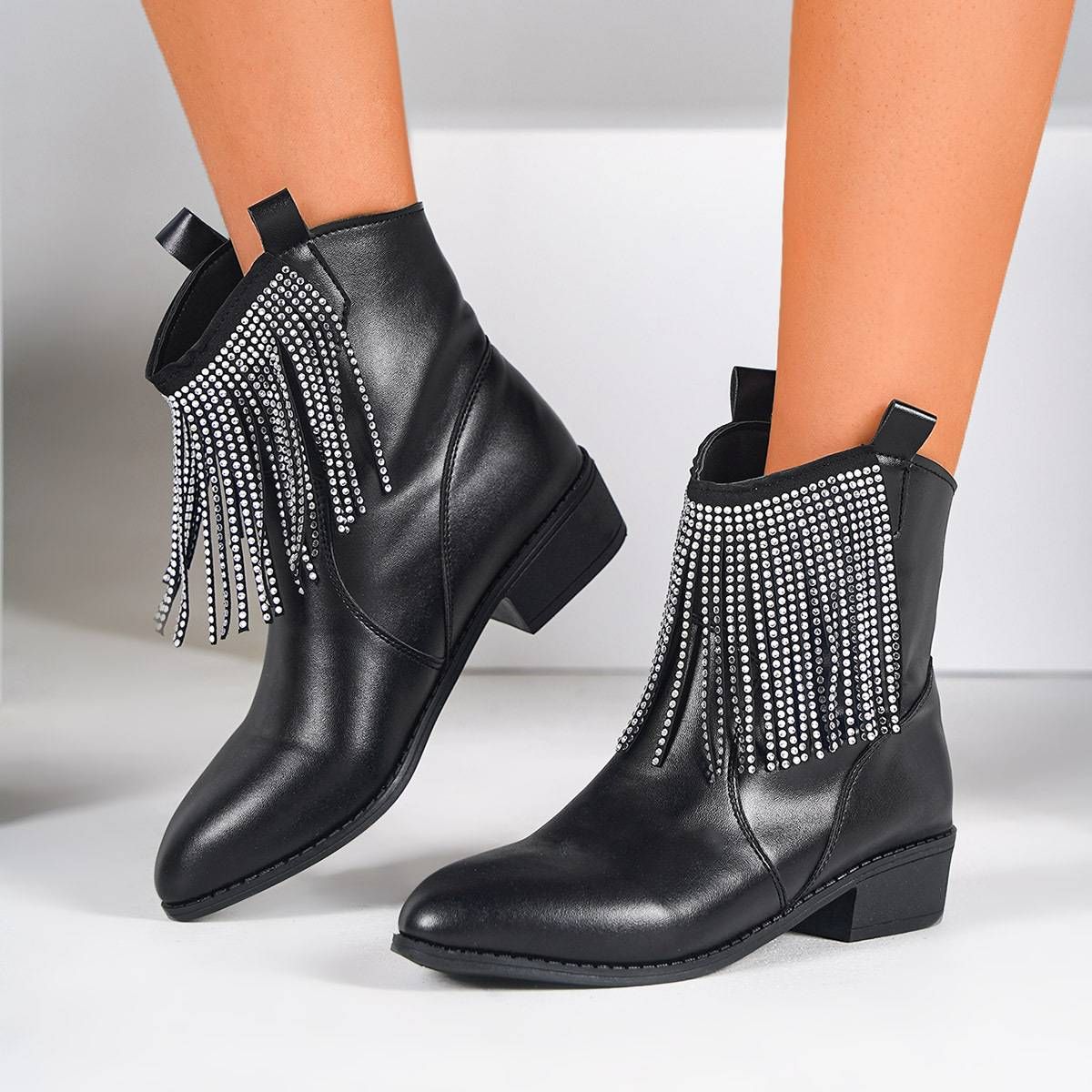 Elegant Rhinestone Fringe Boots For Women - Pointed Toe Chunky Heel Mid Calf Boots With Sparkling Accents_vogvips.com