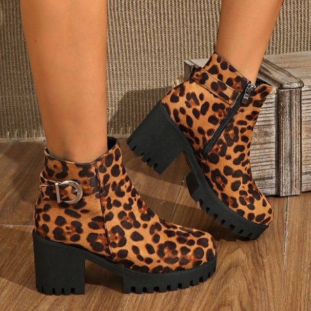 Leopard Print Platform Mid Heel Ankle Boots Chunky Fashion Boots Autumn New Plus Size For Women_vogvips.com