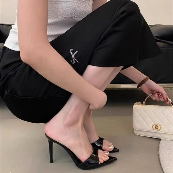 Open Pointed Toe High Heels 2025 New Women's Summer Stiletto One-Strap Patent Leather Sexy Black Outdoor Sandals_vogvips.com