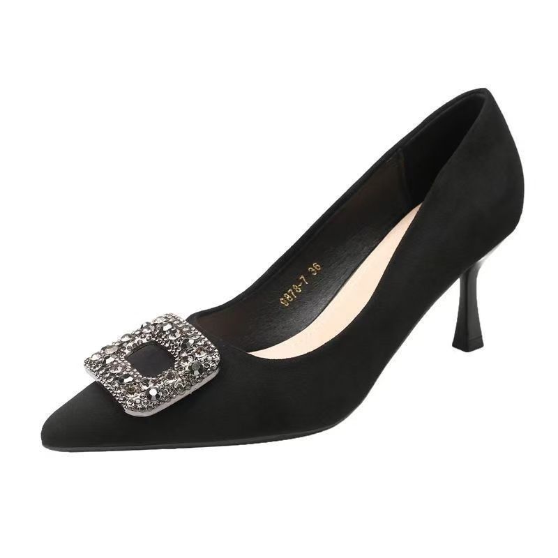 Elegant Rhinestone Square Buckle Pointed-toe High Heel Shoes, 7.5 Cm, Versatile, Fashionable, Comfortable, Suede Surface Women's Shoes_vogvips.com