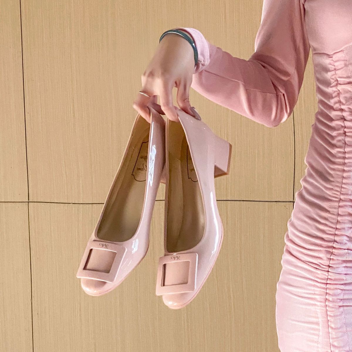Women's Square Buckle Chunky Heel Flats Classic French Style Low Cut Round Toe Mid Heel Wedding Shoes_vogvips.com