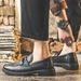 Euro Step Slip-On Martin Boots Height-Increasing Driving Small Leather Black Work Shoes Men's Loafers Versatile Breathable_vogvips.com