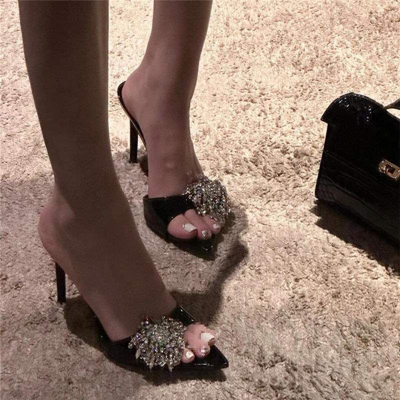 Pointed Toe Rhinestone High For Women 2025 Summer New Black Sensation Stiletto Heels Stunning Outdoor One-Strap Sandals_vogvips.com
