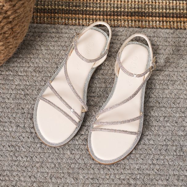 Rhinestone Flat Sandals For Women 2022 Summer Fairy Style One-Strap 42 Large Size Roman Shoes Beach Outdoor Versatile_vogvips.com