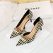 8829-A1 Korean Style High Heel Shallow Mouth Pointed Toe Side Hollow Fabric Plaid Pearl Metal Chain Houndstooth Single_vogvips.com