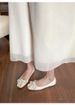 French Square Head Single Shoes Female Shallow Mouth Fairy Bow Pearl Flat Beanie Shoes_vogvips.com