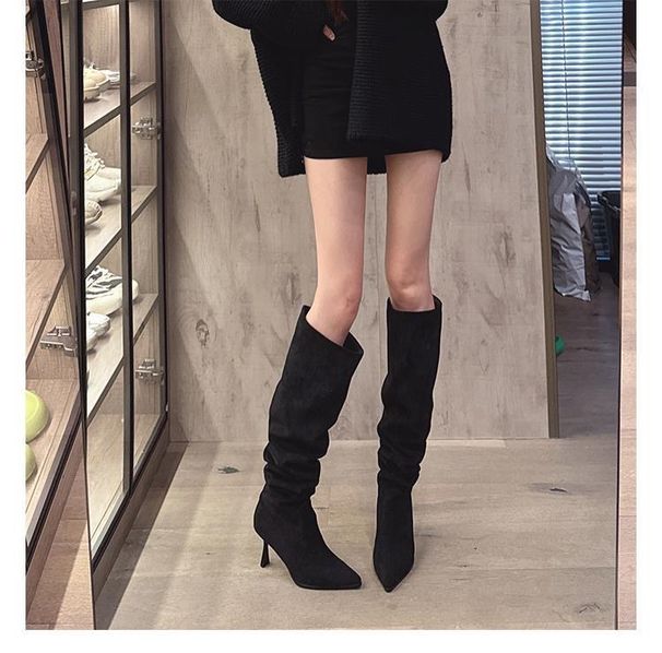 Wide Large Black Slouch For Women 2025 Spring And Autumn New Pointed Toe Long Thin Heel High Tube Boots_vogvips.com