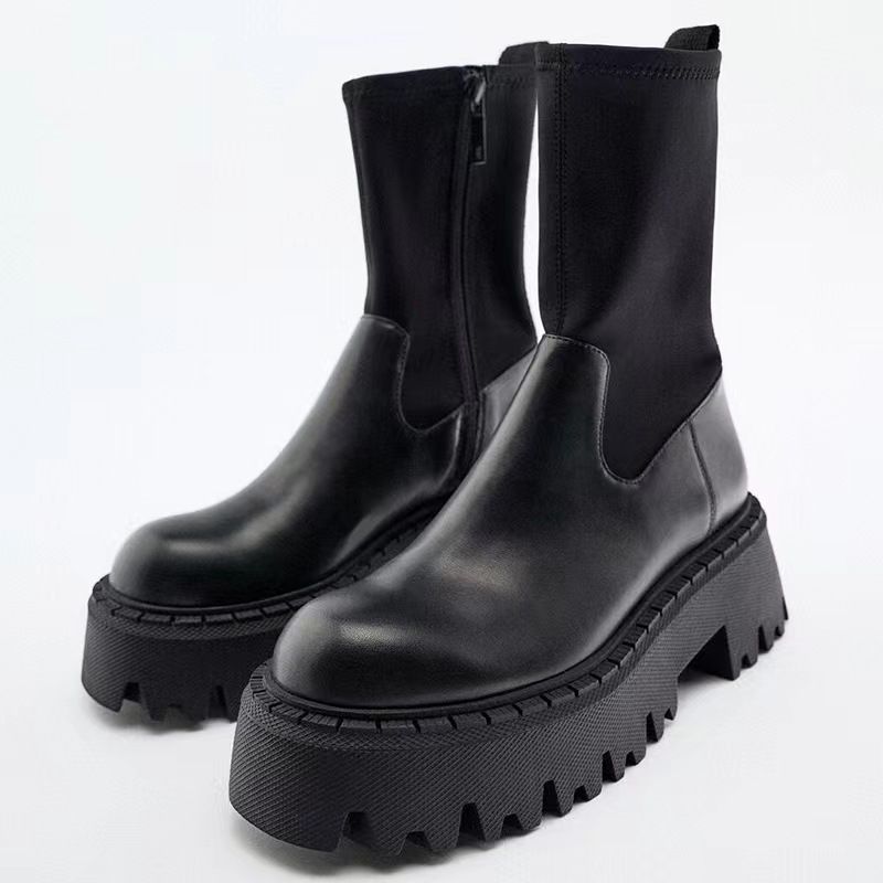Women's Chunky Heel Chelsea Boots - Stretch Ankle Boots With Platform Sole For Height & Comfort In Black Martin Boots Chelsea Short Boots_vogvips.com