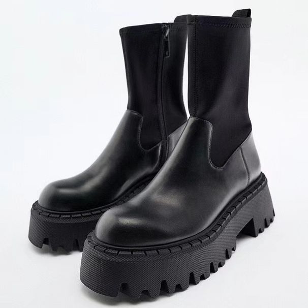 Women's Chunky Heel Chelsea Boots - Stretch Ankle Boots With Platform Sole For Height & Comfort In Black Martin Boots Chelsea Short Boots_vogvips.com