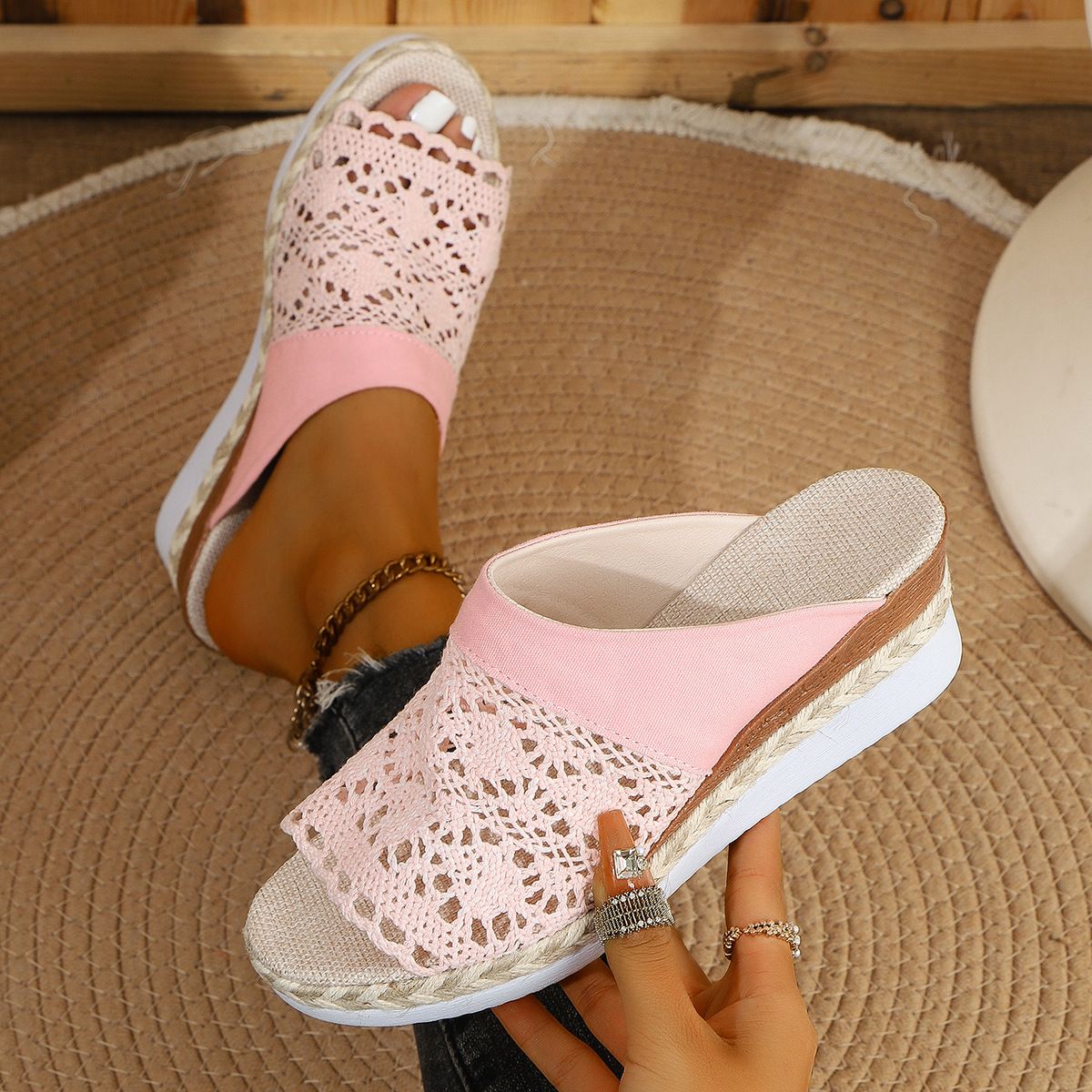 Summer Style Women's Mesh Sandals Plus Size Thick Sole Hollowed Out Peep Toe Wedge Heel_vogvips.com