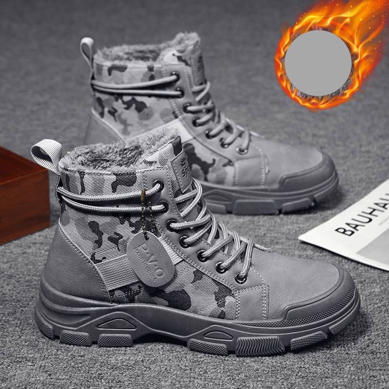 Men's Shoes Cotton Shoes Plus Velvet Winter Warm Camouflage Work Boots Sports Casual Wear Resistant Trendy Shoes_vogvips.com
