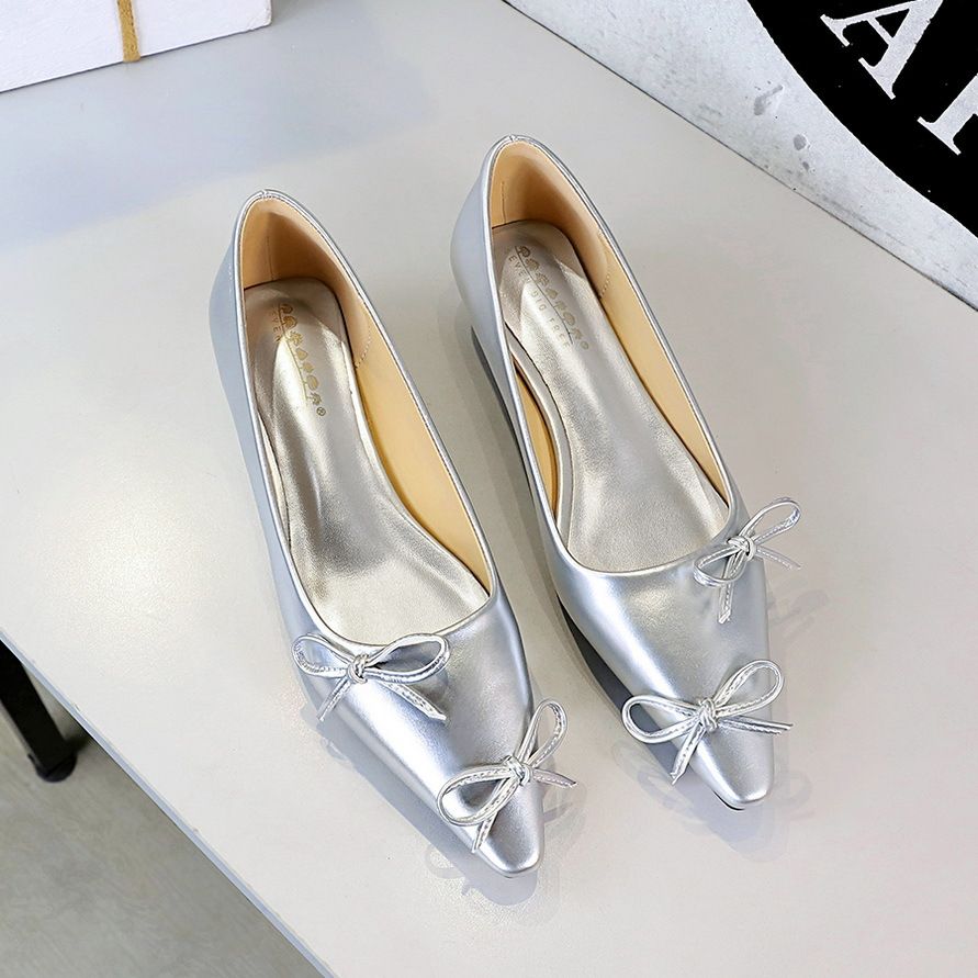 Women's Elegant Pointed Toe Bow Ballet Flats - Slip-On Low Heel Shoes For Spring, Summer & Fall - Available In Silver, Black & Beige - Sizes 35-40_vogvips.com