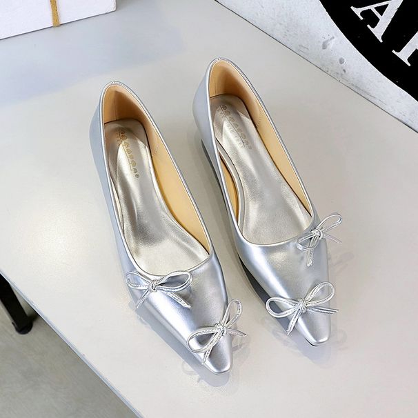 Women's Elegant Pointed Toe Bow Ballet Flats - Slip-On Low Heel Shoes For Spring, Summer & Fall - Available In Silver, Black & Beige - Sizes 35-40_vogvips.com