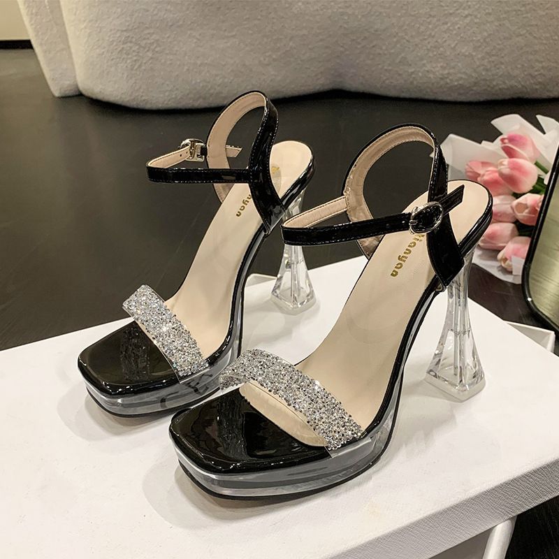 Fashion Buckle Pink New Arrival Transparent Rhinestone Thick Heel Super High Heel Casual Fashion Sandals For Women_vogvips.com