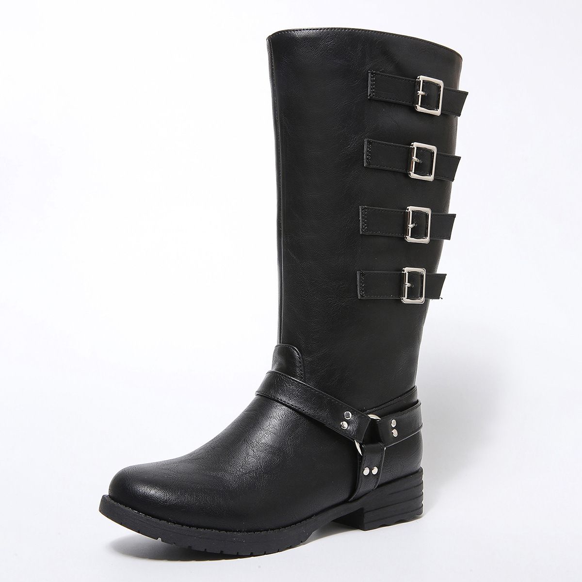Women's Knee High Riding Boots Western Cowboy Style Chunky Heel Slip On Boots Classic Black Leather Look High Top Riding Boots, Slim Boots_vogvips.com