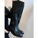 Women's Shoes Metal Buckle Black Long Boots Round Toe Medium Heel Thick Heel Not Above The Knee High Boots British Style Knight Boots Women_vogvips.com