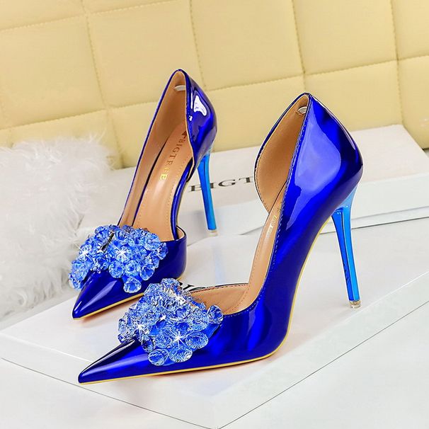 High Heels Light Luxury Women's Shoes Shallow Mouth Pointed Side Hollow Rhinestone Bow Single Shoes_vogvips.com