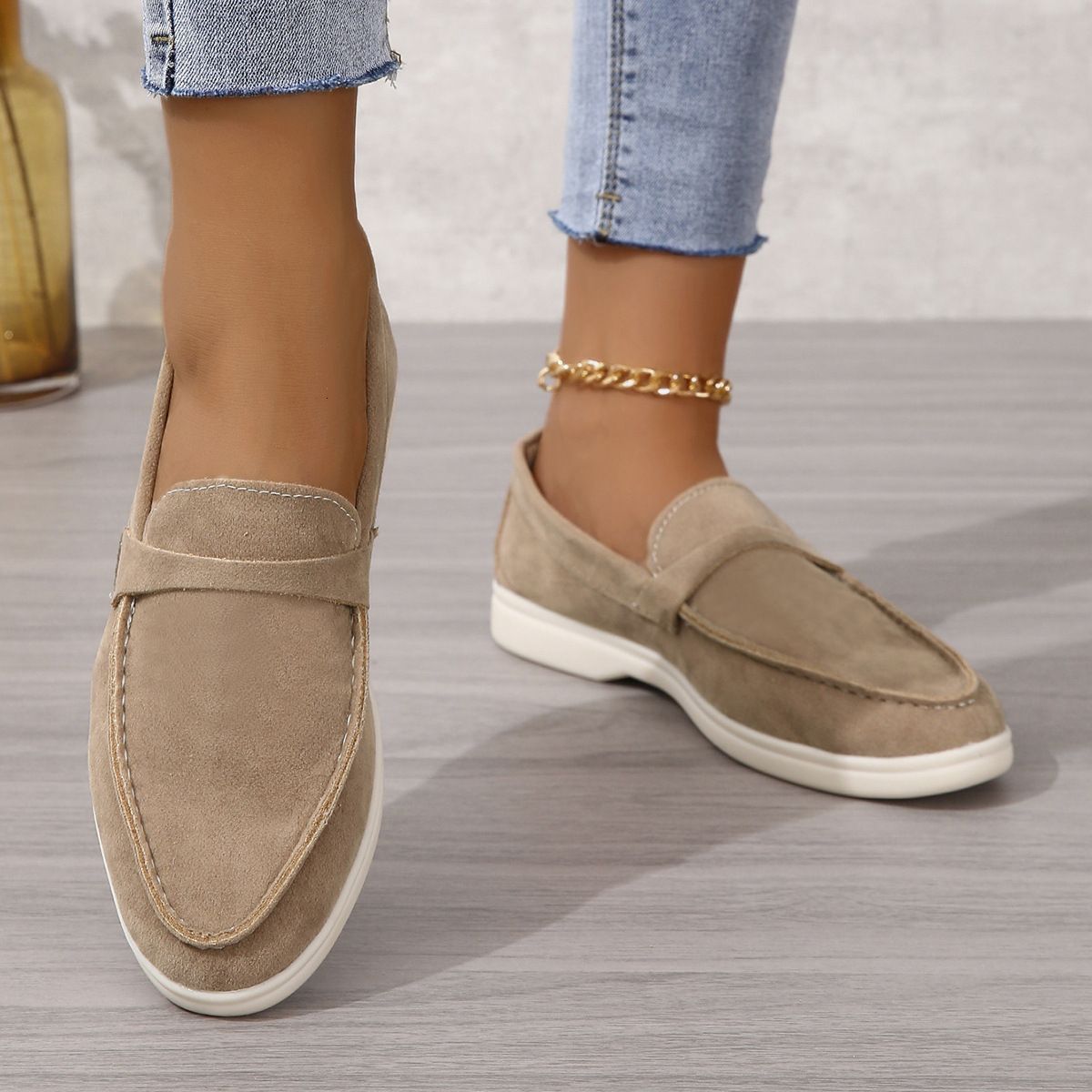 Non Women's Khaki Suede Pointed Toe Loafers Slip On Casual Flat Comfortable Soft Sole Walking Shoes For Office Daily_vogvips.com