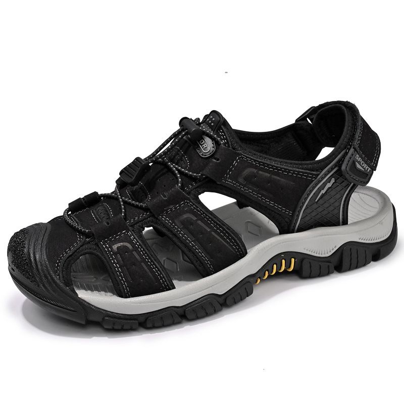 Men's Summer Breathable Leather Sandals, Outdoor Hollow Toe Casual Water Shoes_vogvips.com