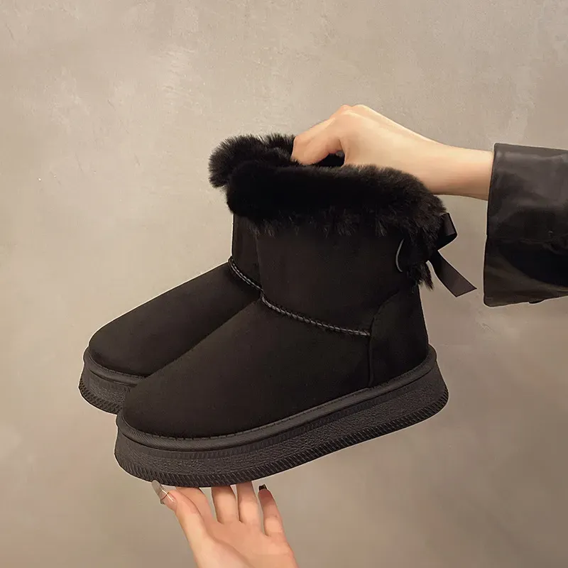 Fleece Lined And Thickened Snow Boots With Slip On Design 2025 Winter New Style Thick Sole Furry Opening Bow Knot Warm_vogvips.com