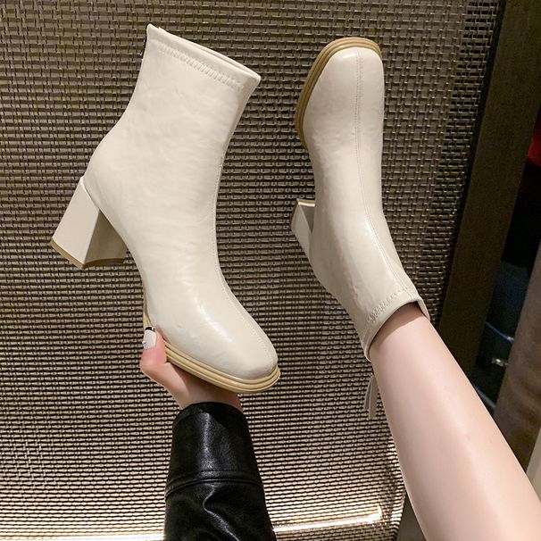 French Chunky Square Toe High Heel Martin Short Thick Sole Petite Height Increasing New Style Single-Lined White Slim_vogvips.com