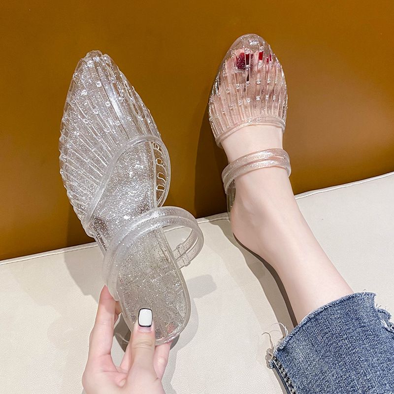 Cross-border Crystal Transparent Non-slip Jelly Plastic Ins Women's Summer Hollow Two-way Wear Sandals With One Strap_vogvips.com