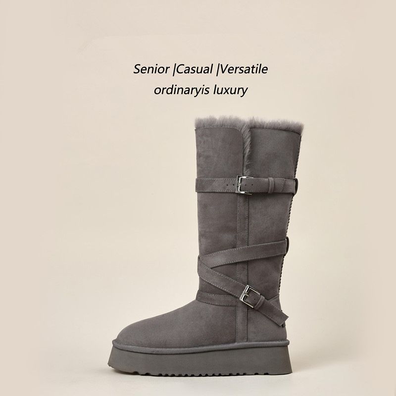 Gray Long Snow Boots For Women 2025 Winter New Thick Sole Height Increasing Fleece Lined Thickened High Tube Warm Cotton_vogvips.com