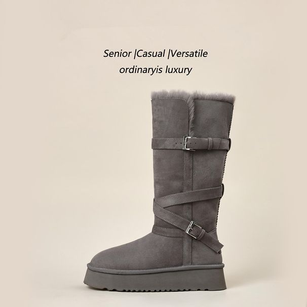Gray Long Snow Boots For Women 2025 Winter New Thick Sole Height Increasing Fleece Lined Thickened High Tube Warm Cotton_vogvips.com