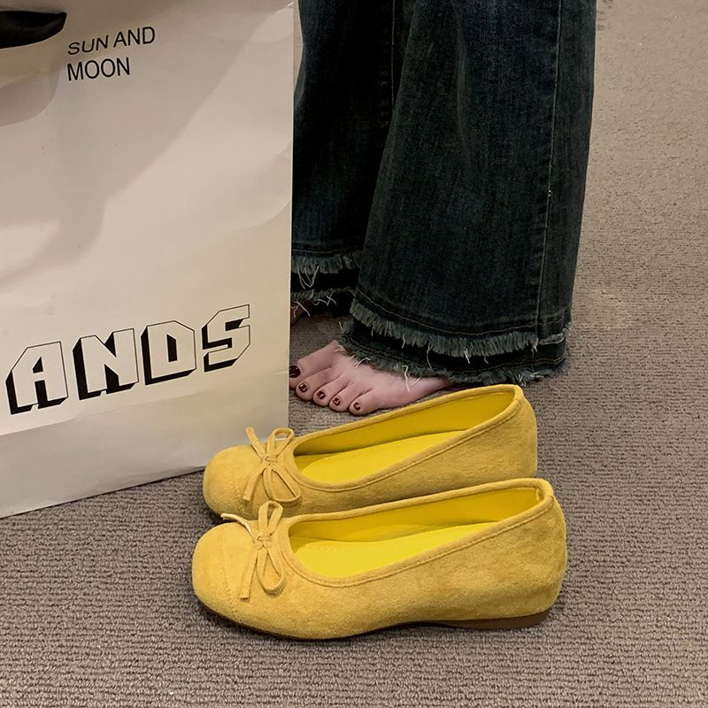 French Inner Heightening Suede Ballet Single Shoes Women's Shoes Spring And Autumn Bow Red Evening Shoes_vogvips.com