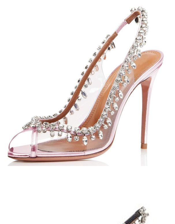 Women's Transparent Rhinestone Sandals Stiletto Heels Summer Style Peep Toe Open Back High Heels Sexy Pendant Pink Banquet Shoes_vogvips.com