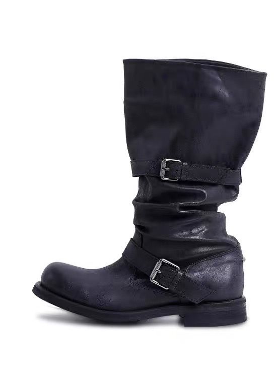 Women's Western Cowboy Boots With Stacked Shaft Vintage Style Mid Calf Riding Boots Chunky Heel And Round Toe For Fall Winter_vogvips.com