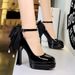 8326-H100M European And American Style Ultra-high Heel Double Platform Patent Leather Single-strap Shoes With Large Bow_vogvips.com