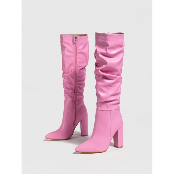 Fashion Pointed Toe Chunky Heel Boots For Women - Side Zipper Knee High Riding Boots With Wrinkle Effect, Comfortable Microfiber Upper & Mesh Lining_vogvips.com