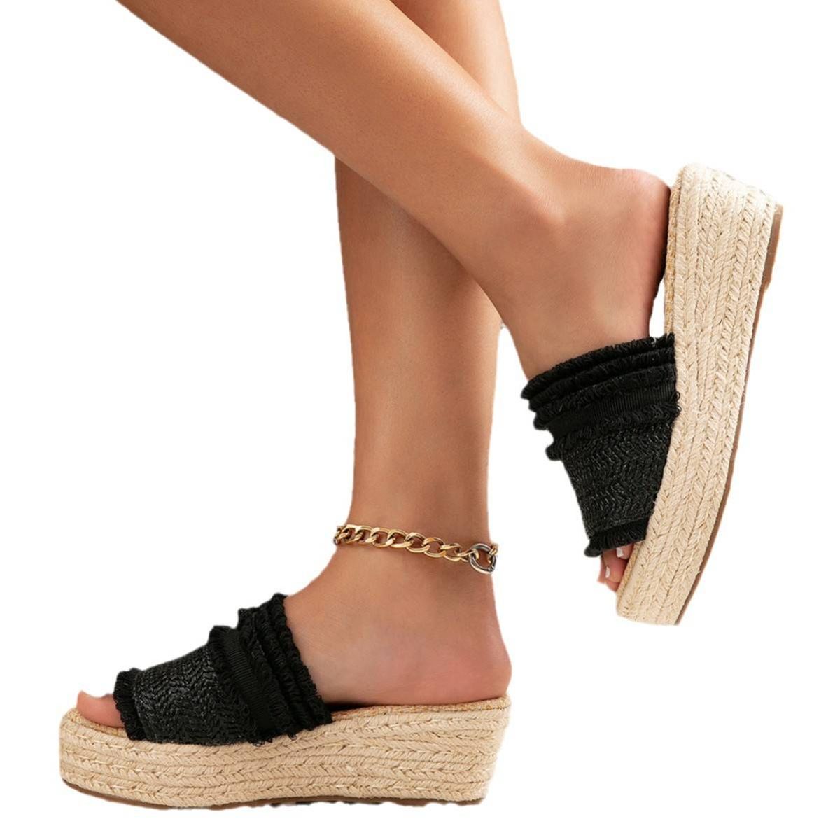 Women’s Shoes Women's Fashion Rattan Braided Tassel Rope Thick Soled Casual Slippers_vogvips.com