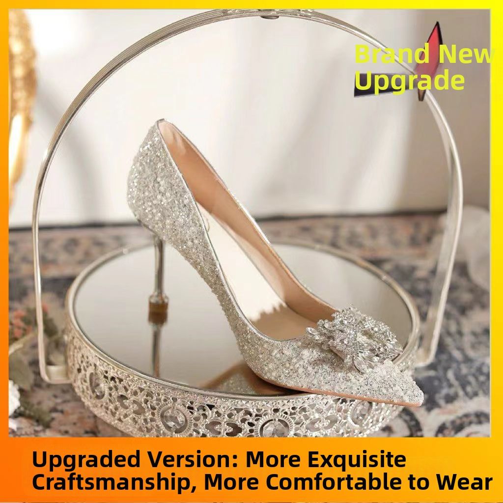 Crystal High Heels Women's Wedding Bridal Shoes Summer New Mid Heel PU Material Pointed Toe Dress Shoe_vogvips.com